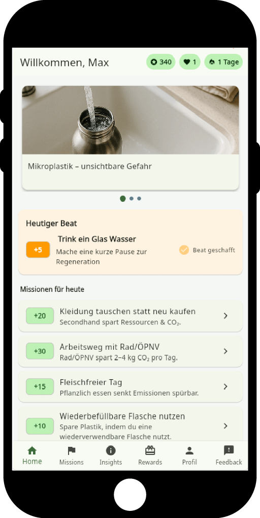 App-Mockup: Missionen, CO2-Tracking und Klima-Challenges